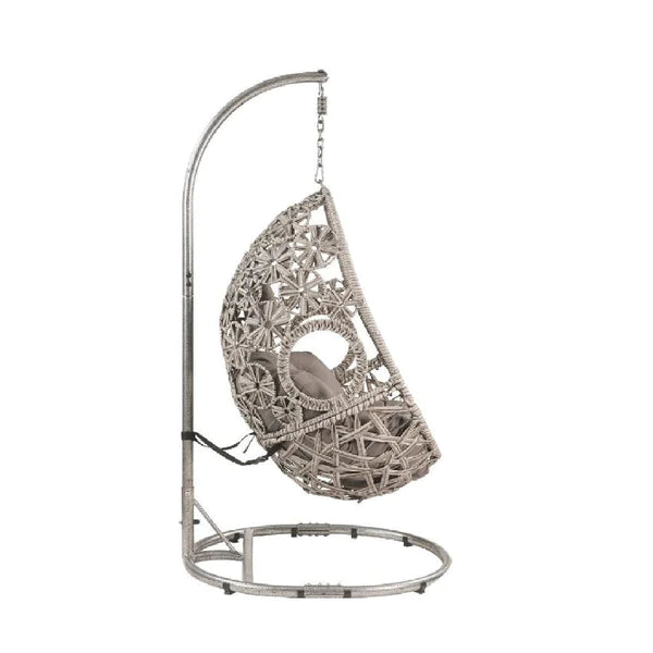 Patio Hanging Chair With Open Circular Motifs And Wicker Frame, Gray - AFS