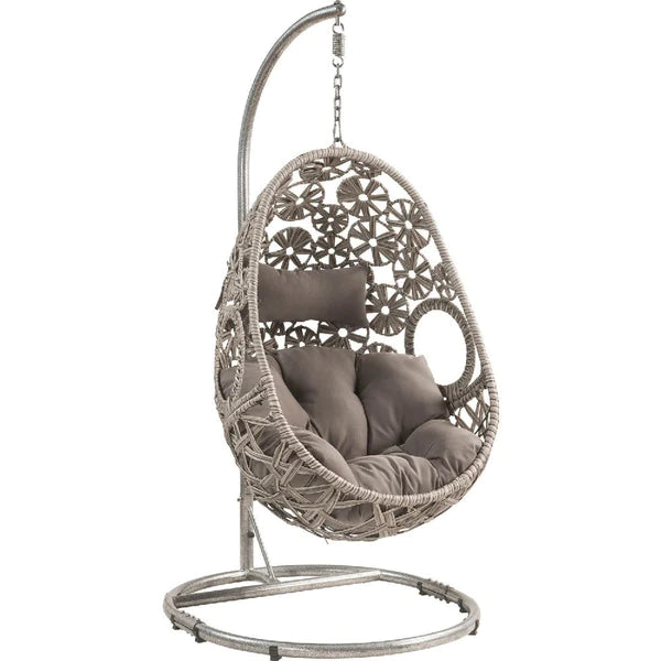 Patio Hanging Chair With Open Circular Motifs And Wicker Frame, Gray - AFS