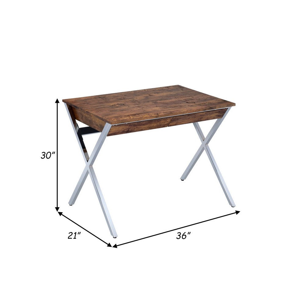 36 Inch Modern Office Desk, 2 Drawers, X Shape Frame, Wood, Oak, Chrome