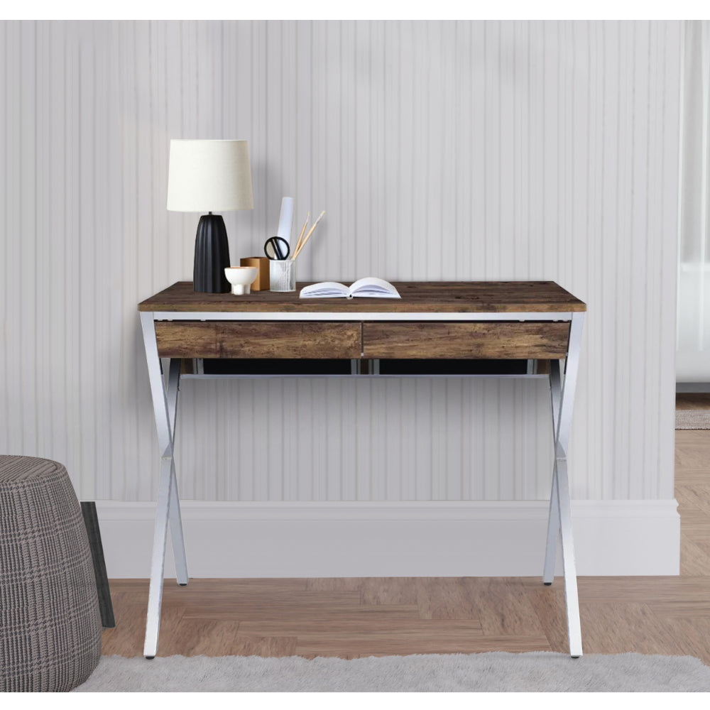 36 Inch Modern Office Desk, 2 Drawers, X Shape Frame, Wood, Oak, Chrome