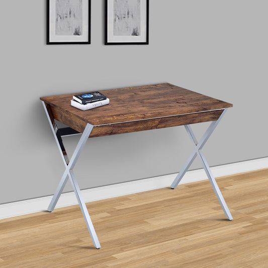 36 Inch Modern Office Desk, 2 Drawers, X Shape Frame, Wood, Oak, Chrome