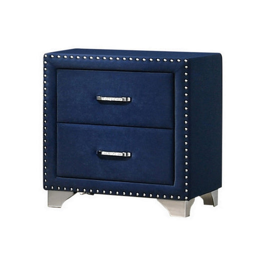 Cale 26 Inch Modern Wood Nightstand, Velvet Upholstered, Nailhead, Blue