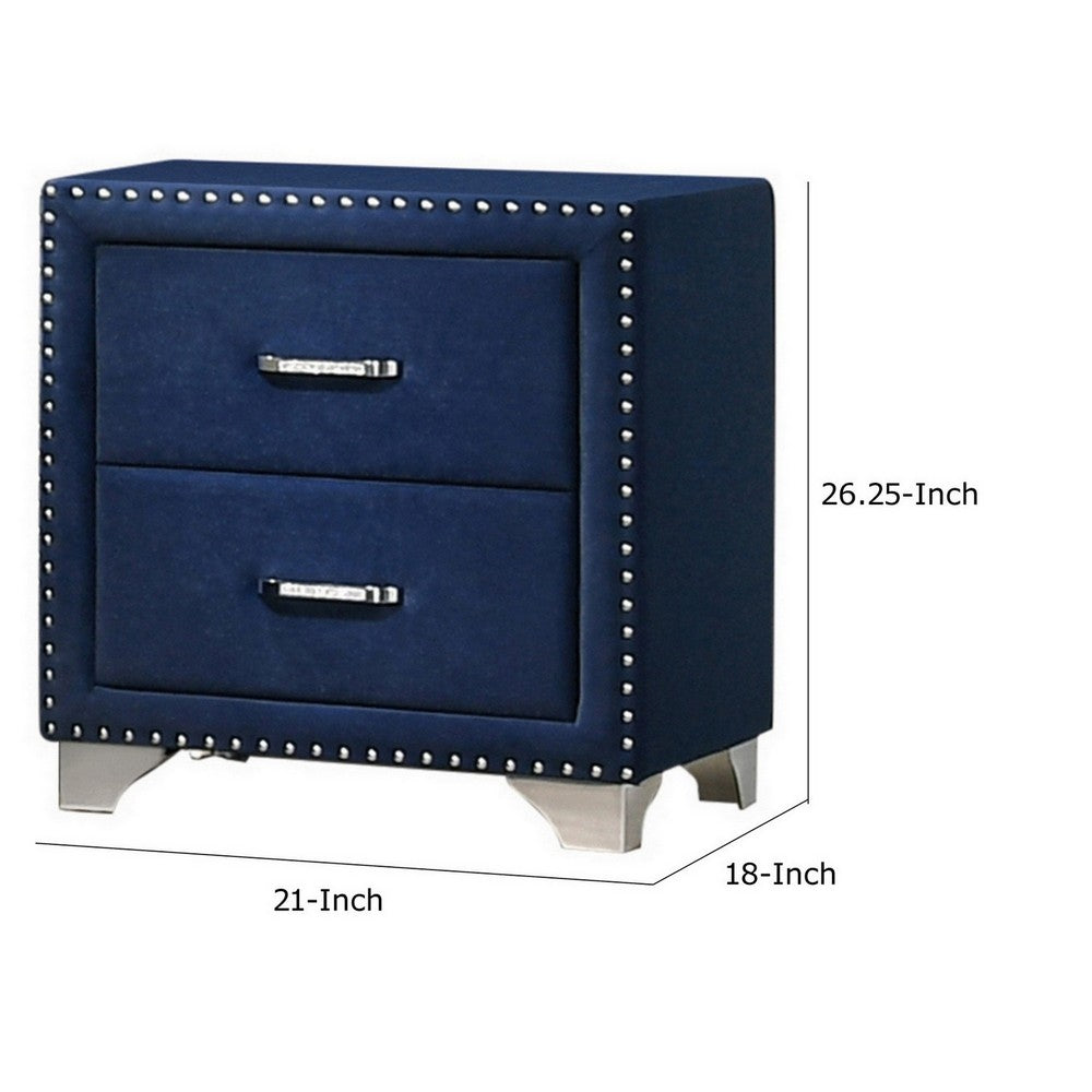 Cale 26 Inch Modern Wood Nightstand, Velvet Upholstered, Nailhead, Blue