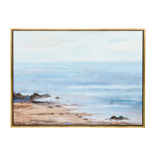 35 X 47 Modern Canvas Painting, Ocean And Beach Artwork, Blue, Gold Frame