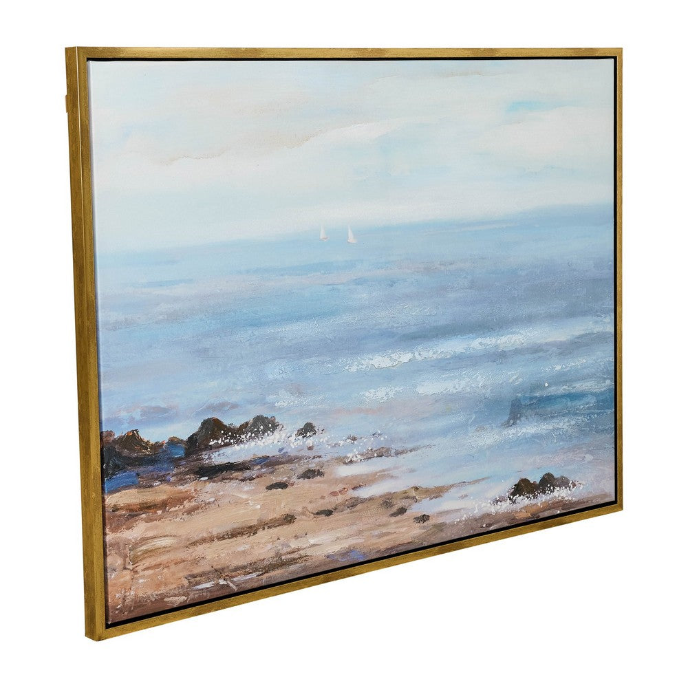 35 X 47 Modern Canvas Painting, Ocean And Beach Artwork, Blue, Gold Frame