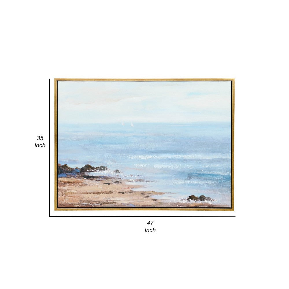 35 X 47 Modern Canvas Painting, Ocean And Beach Artwork, Blue, Gold Frame