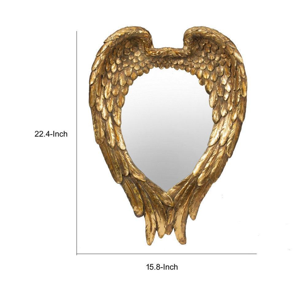 16 Inch Vintage Wall Mirror, Antique Gold Resin Frame, Heart Shaped Wings - AFS