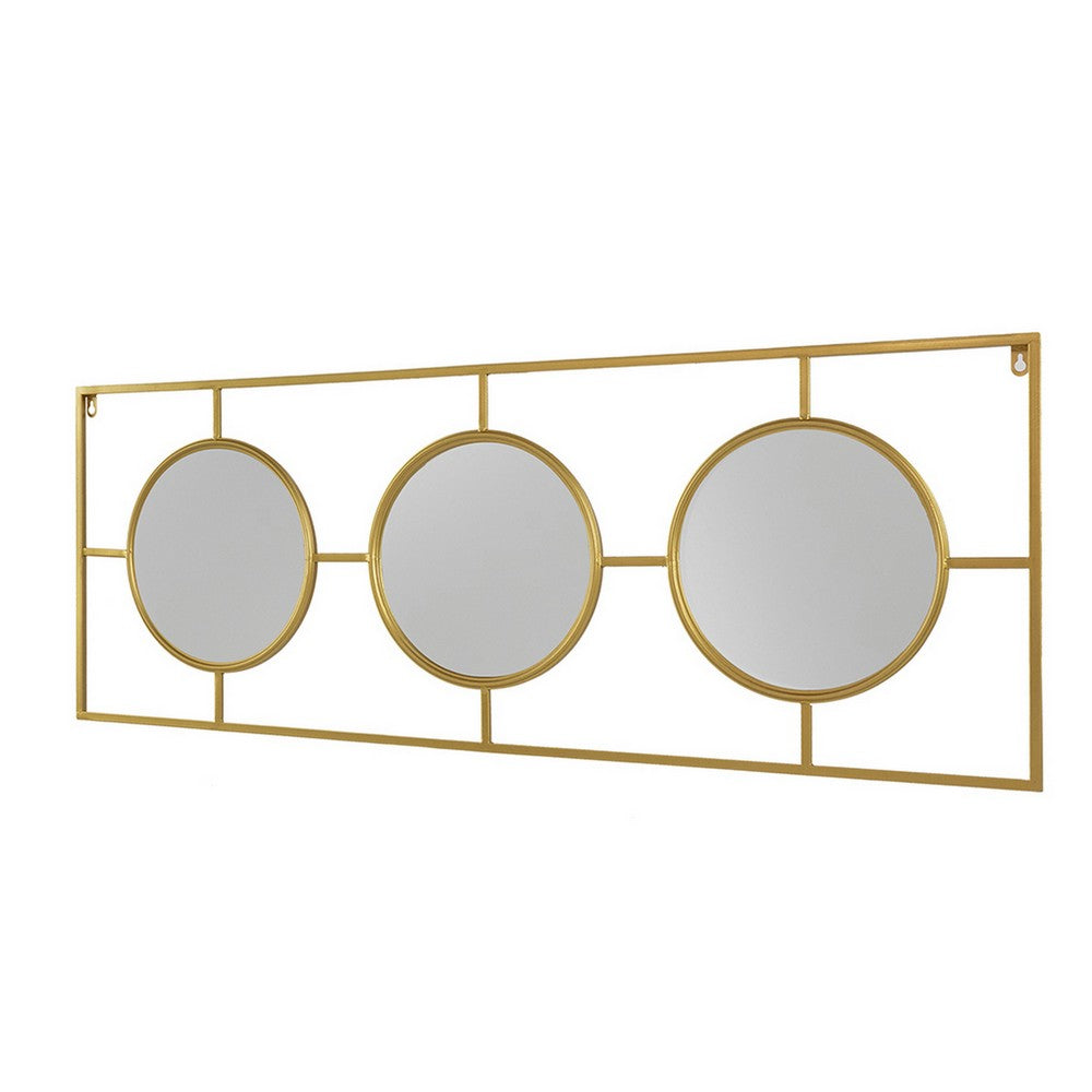 43 Inch Wall Accent Decor, Three Integrated Mirrors With Iron Frame, Gold