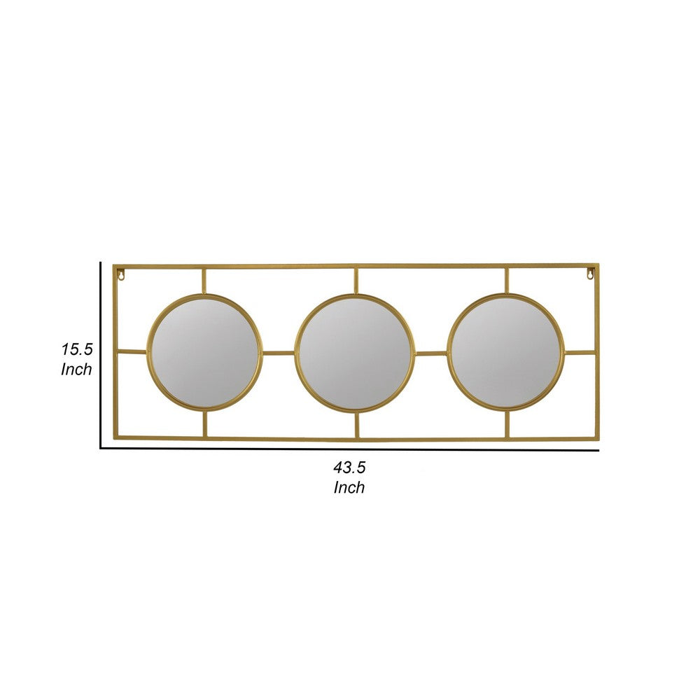 43 Inch Wall Accent Decor, Three Integrated Mirrors With Iron Frame, Gold