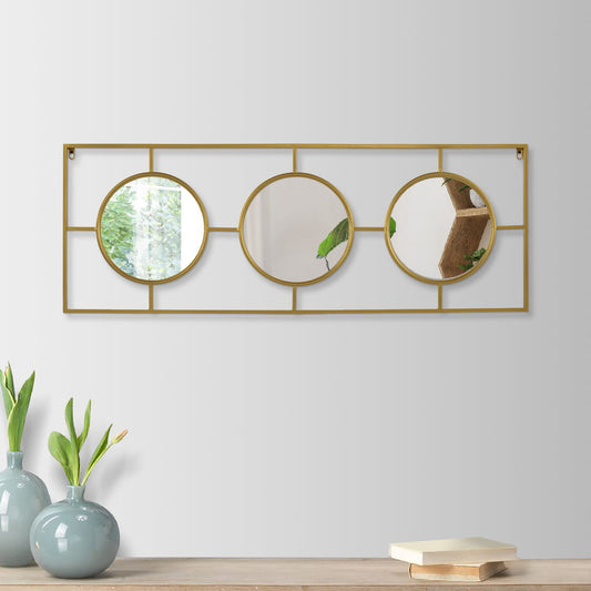 43 Inch Wall Accent Decor, Three Integrated Mirrors With Iron Frame, Gold