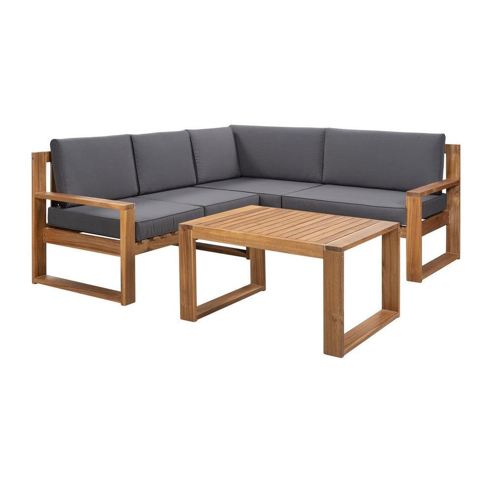 3 Piece Wood Patio Sectional Sofa Set, Acacia Wood Frame with Gray Fabric - AFS