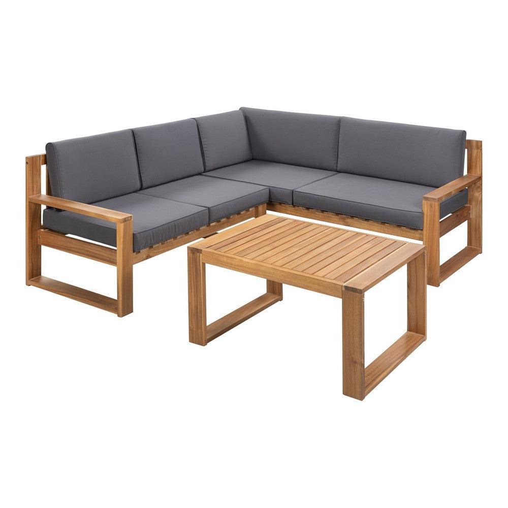 3 Piece Wood Patio Sectional Sofa Set, Acacia Wood Frame with Gray Fabric - AFS