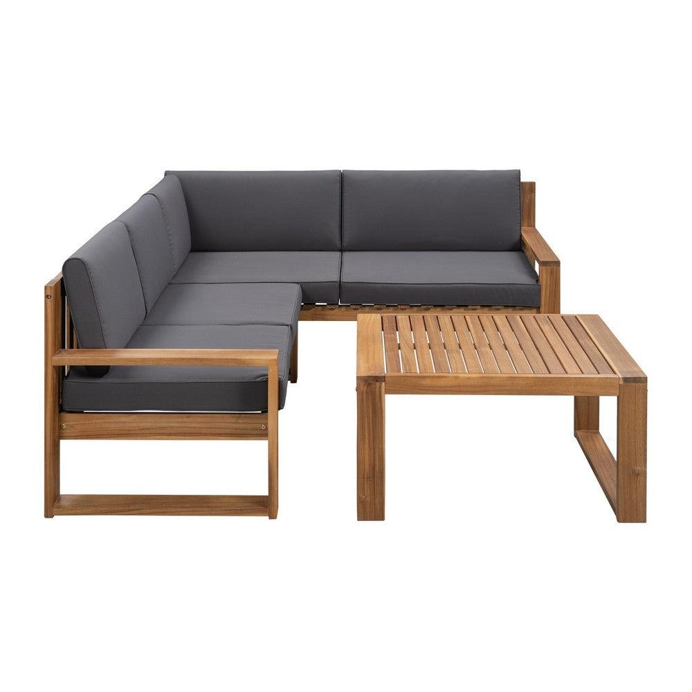 3 Piece Wood Patio Sectional Sofa Set, Acacia Wood Frame with Gray Fabric - AFS