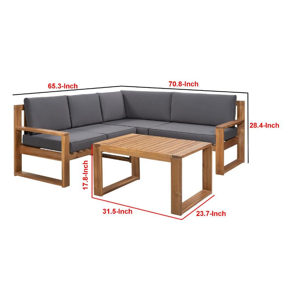 3 Piece Wood Patio Sectional Sofa Set, Acacia Wood Frame with Gray Fabric - AFS