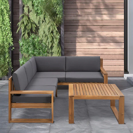 3 Piece Wood Patio Sectional Sofa Set, Acacia Wood Frame with Gray Fabric