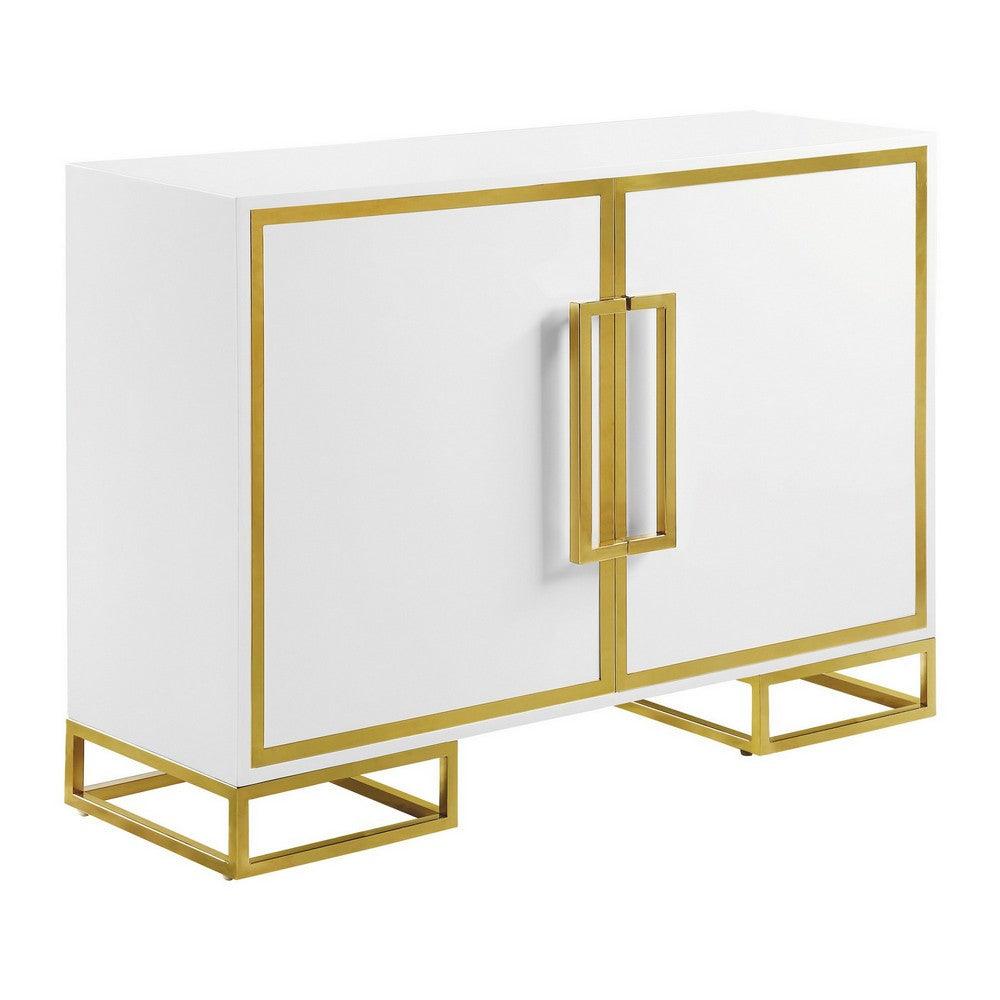 48 Inch Wood Accent Cabinet with 2 Doors and Square Open Base, White, Gold - AFS