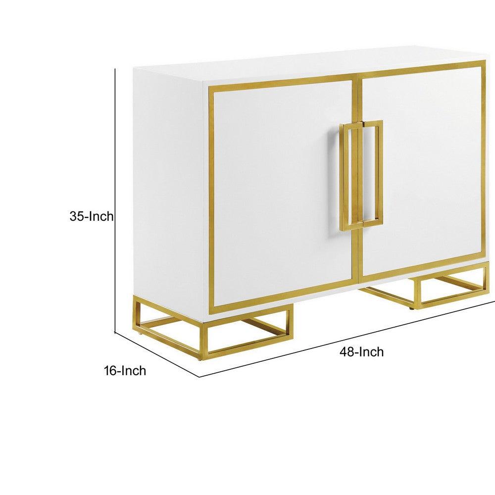 48 Inch Wood Accent Cabinet with 2 Doors and Square Open Base, White, Gold - AFS