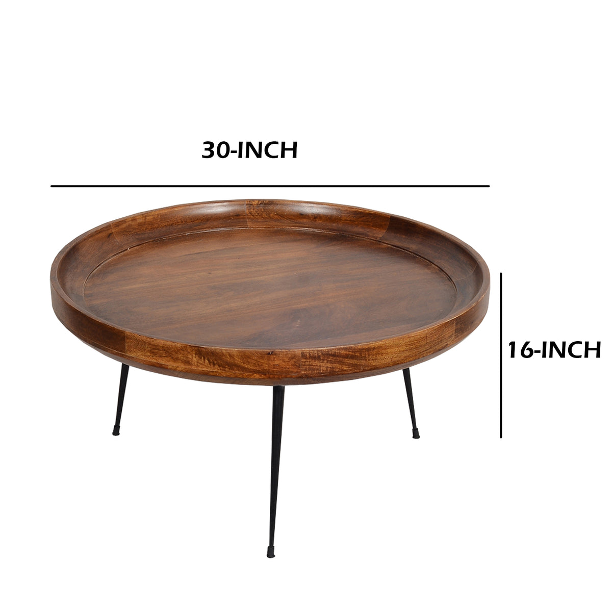 Round Mango Wood Coffee Table With Splayed Metal Legs, Brown And Black