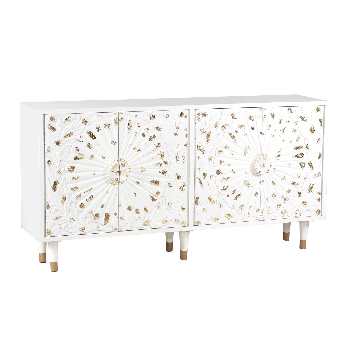 4 Door Wooden Sideboard with Engraved Sunburst Design Front, White and Gold - AFS