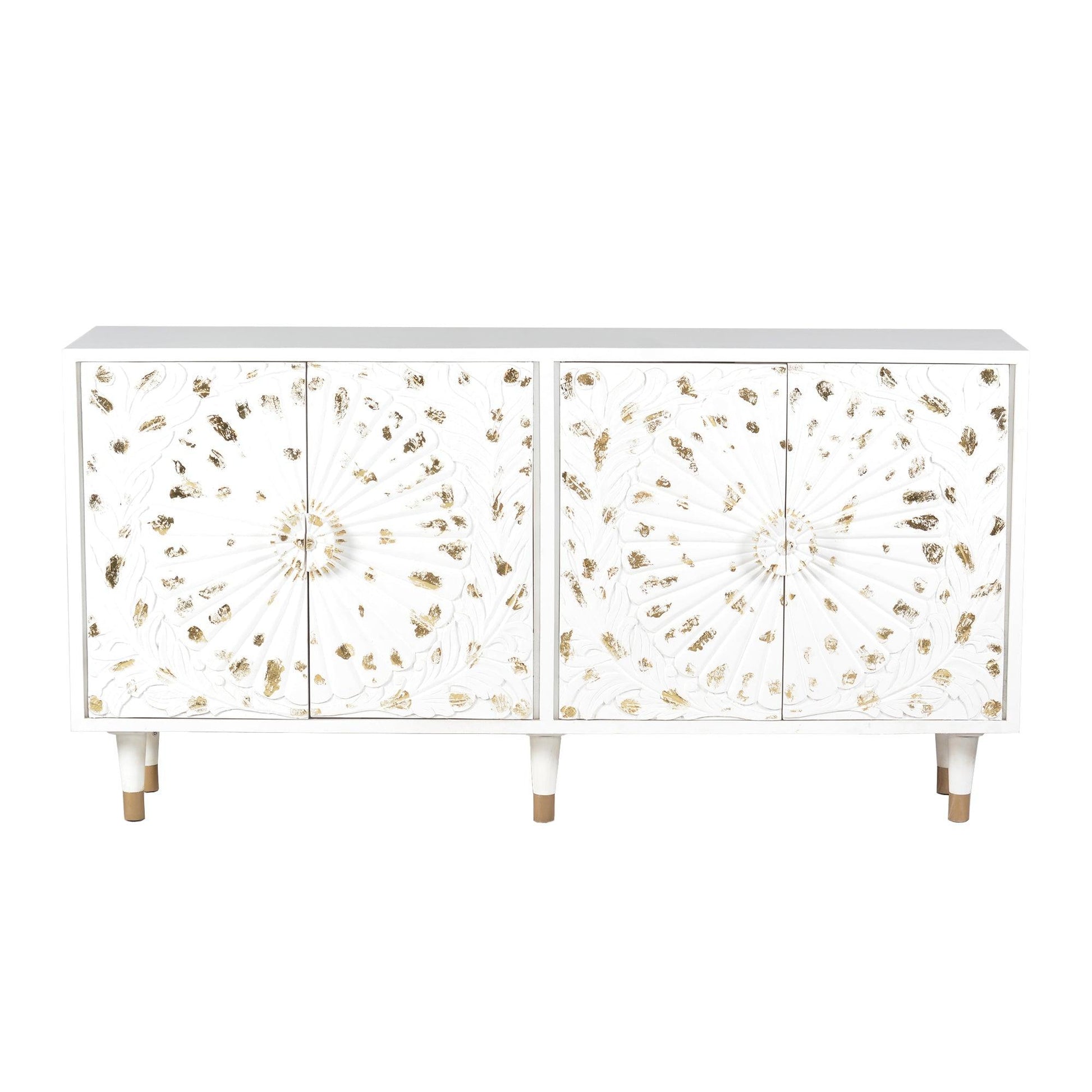 4 Door Wooden Sideboard with Engraved Sunburst Design Front, White and Gold - AFS