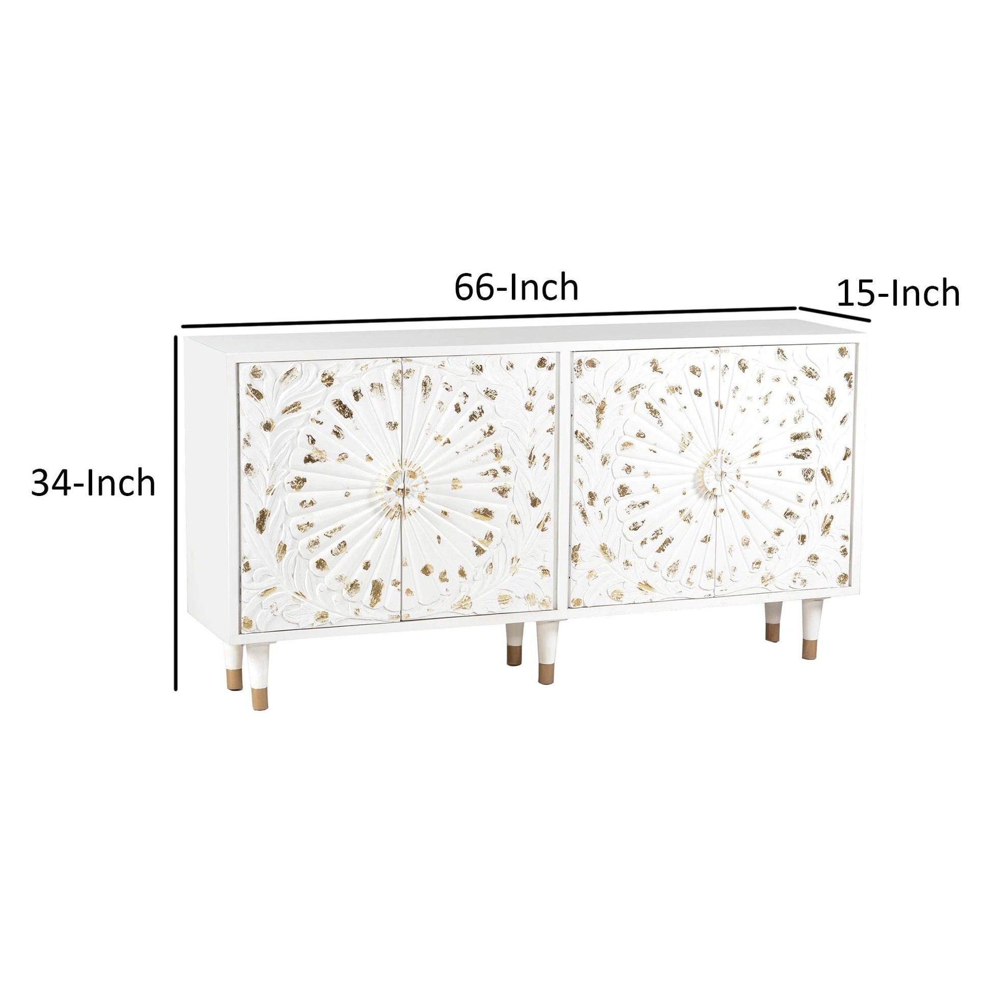 4 Door Wooden Sideboard with Engraved Sunburst Design Front, White and Gold - AFS