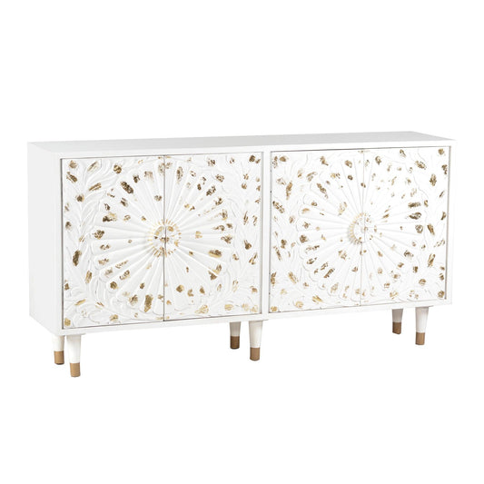 4 Door Wooden Sideboard with Engraved Sunburst Design Front, White and Gold - AFS