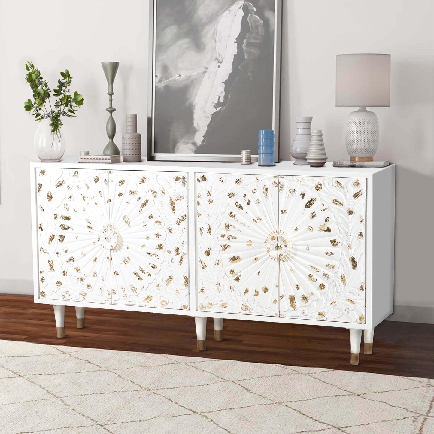 4 Door Wooden Sideboard with Engraved Sunburst Design Front, White and Gold - AFS