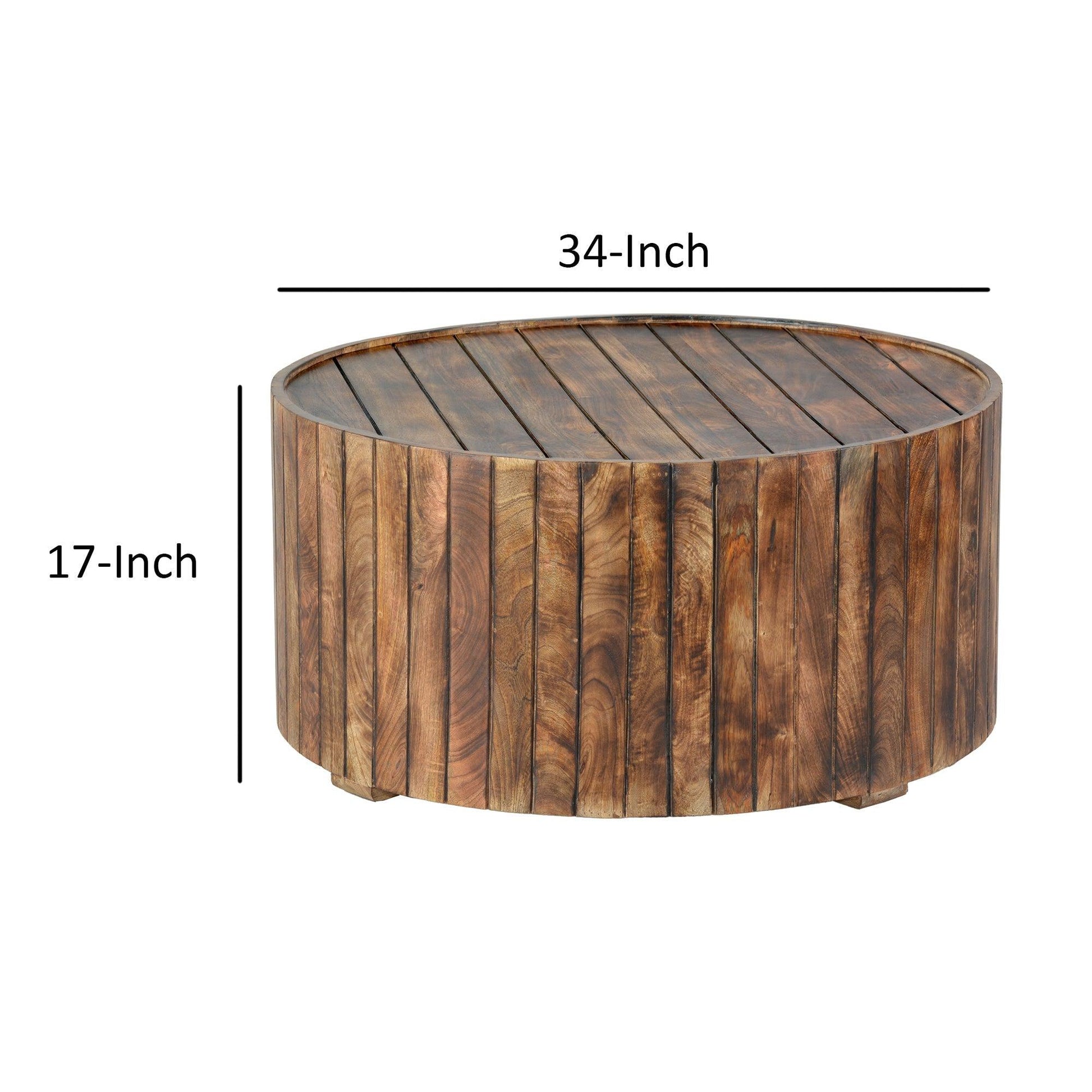 34 Inch Handmade Wooden Round Coffee Table with Plank Design, Burned Brown - AFS