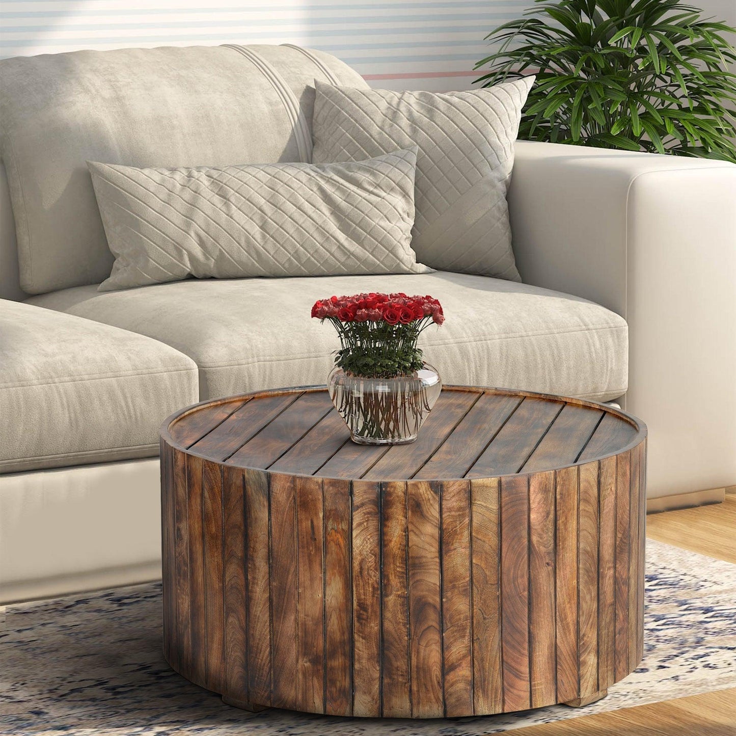 34 Inch Handmade Wooden Round Coffee Table with Plank Design, Burned Brown - AFS