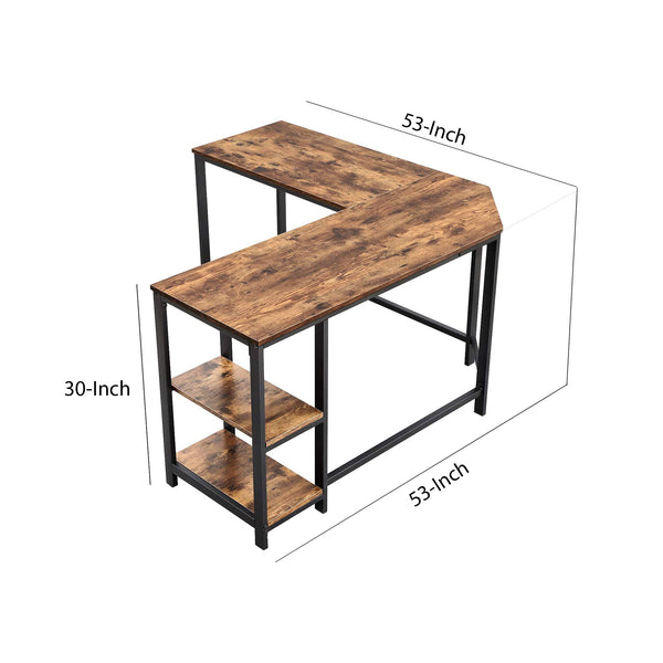 L Shape Wood And Metal Frame Computer Desk With 2 Shelves, Brown And Black