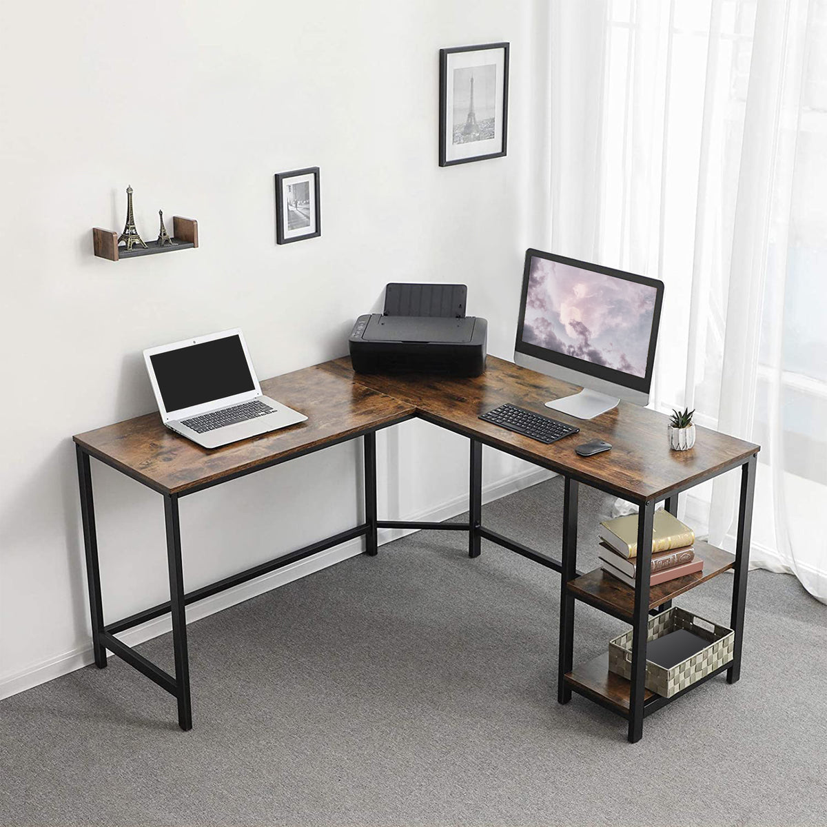 L Shape Wood And Metal Frame Computer Desk With 2 Shelves, Brown And Black