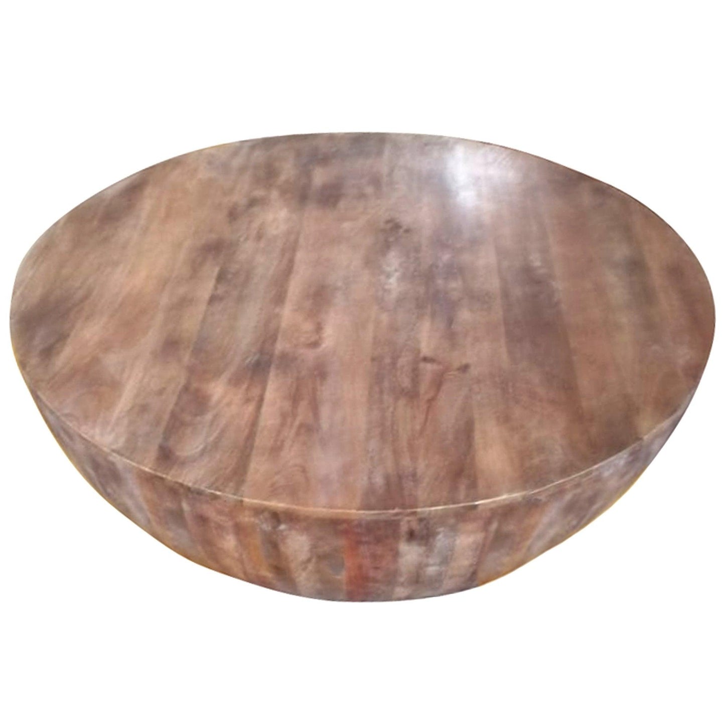 Handcarved Drum Shape Round Top Mango Wood Distressed Wooden Coffee Table, Brown - AFS