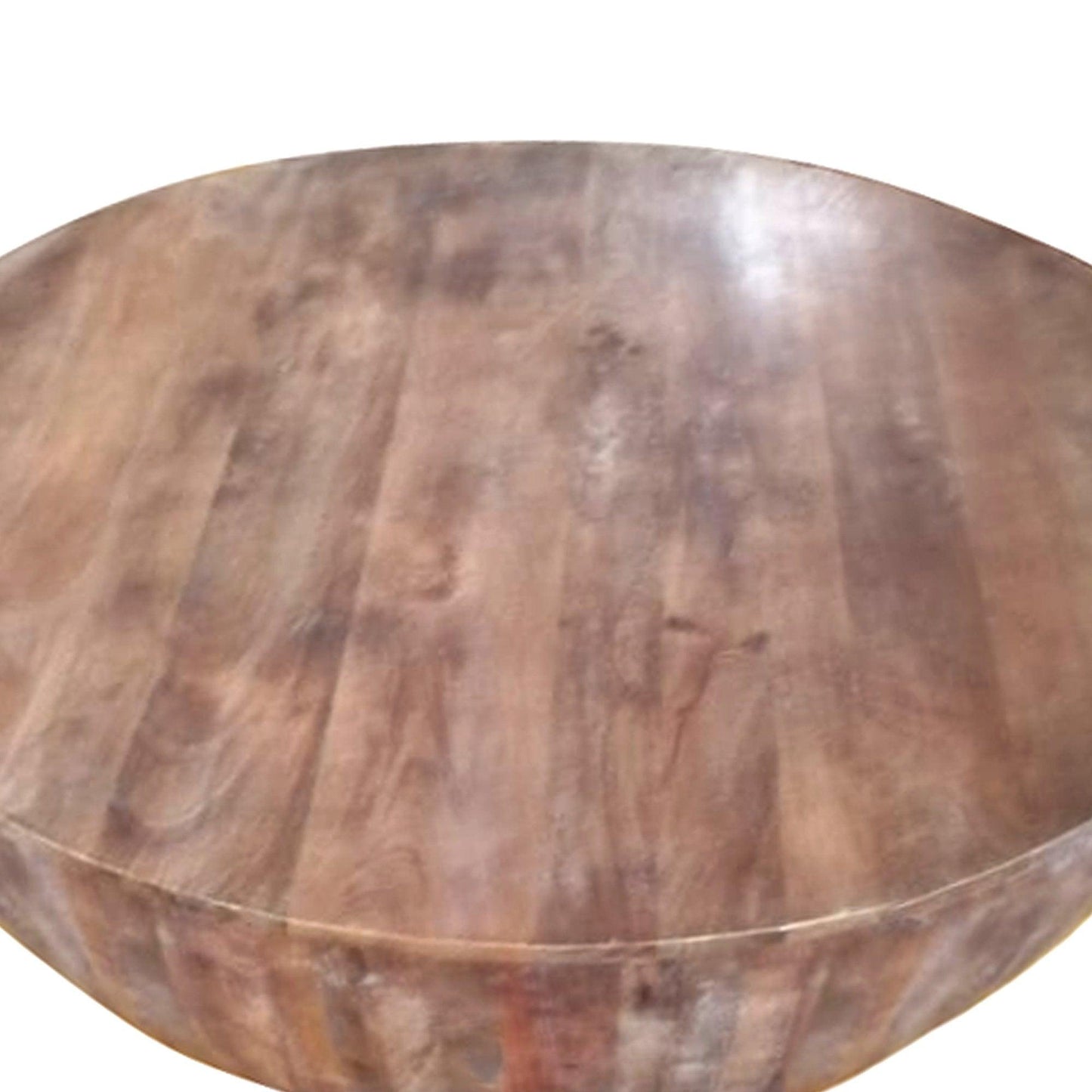 Handcarved Drum Shape Round Top Mango Wood Distressed Wooden Coffee Table, Brown - AFS