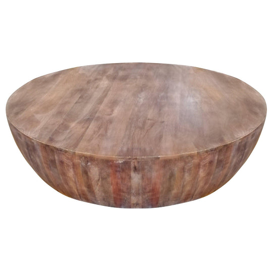Handcarved Drum Shape Round Top Mango Wood Distressed Wooden Coffee Table, Brown - AFS