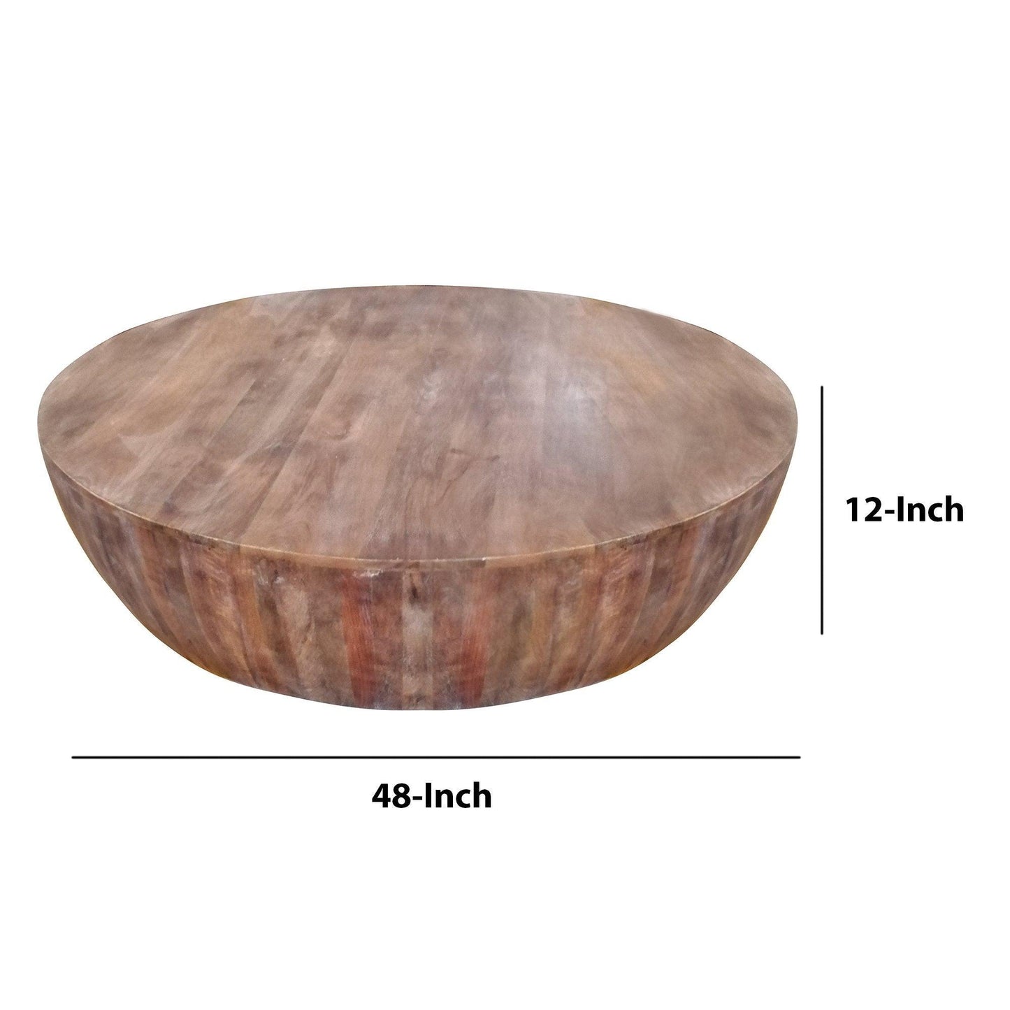 Handcarved Drum Shape Round Top Mango Wood Distressed Wooden Coffee Table, Brown - AFS