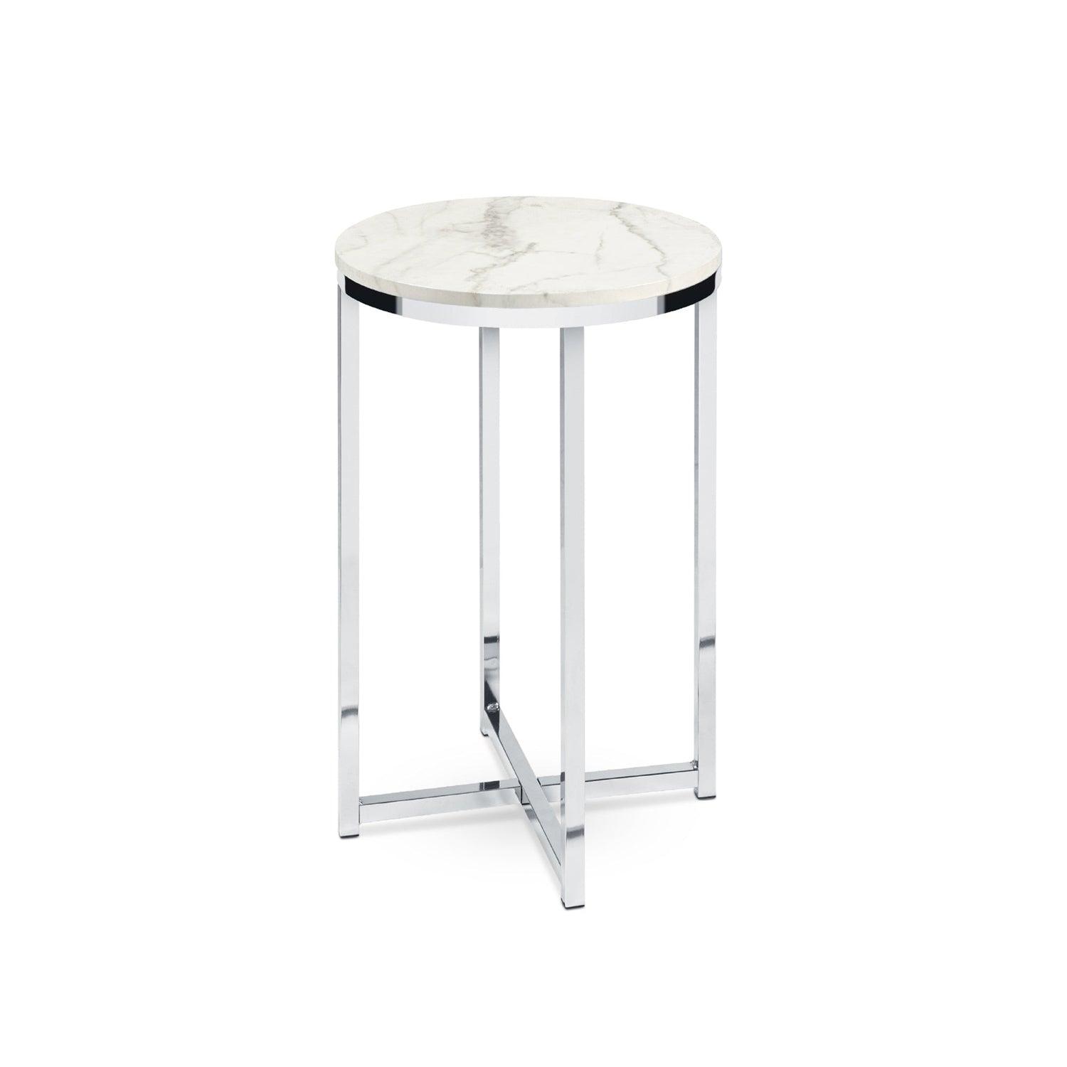 Round Cross Leg Design Coffee Side Table Nightstand with Faux Marble Top White/Chrome - AFS